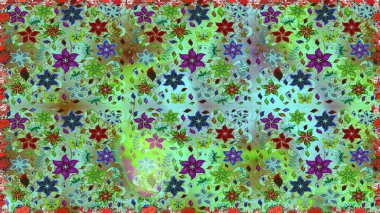 Düz Çiçek Elementleri Tasarımı. Renkli Yaz Temalı Kusursuz Arkaplan. Yeşil ve mavi renkte çiçekler. Sevimli çiçek raster deseni.