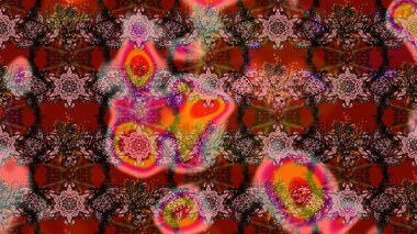 Kumaş, tekstil, duvar kağıdı baskısı için. Renkli desenli eskiz deseni, çiçekler ve dekoratif elementlerle. Eskiz geçmişi. Raster illüstrasyonu. Antika retro tarzı.