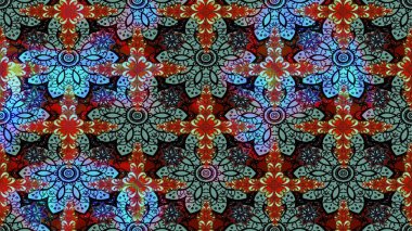 Eski usul. Kumaş, tekstil, duvar kağıdı baskısı için. Renkli desenli eskiz deseni, çiçekler ve dekoratif elementlerle. Eskiz geçmişi. Raster illüstrasyonu.