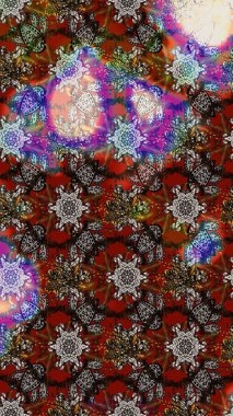 Kumaş desenli papatya çiçeği detayı. Kahverengi, gri ve kırmızı renkte çiçekler.