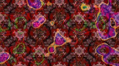 Çiçek desenli çizim. Asya tekstil tarzında. Raster illüstrasyonu. Raster illüstrasyonu. Kahverengi ve kırmızı renkte çiçekler.