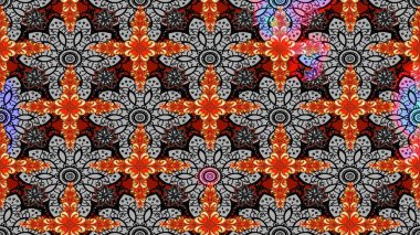 Eskiz geçmişi. Raster illüstrasyonu. Renkli desenli eskiz deseni, gri ve siyah çiçekler ve dekoratif elementler. Kumaş, tekstil, duvar kağıdı baskısı için. Antika retro tarzı.