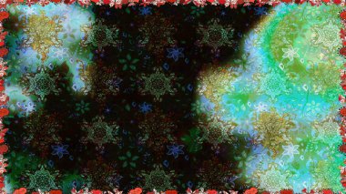 Raster illüstrasyonu. Siyah ve yeşil renklerde güzel bir tekstil. Çiçeklerle suluboya desenleri.