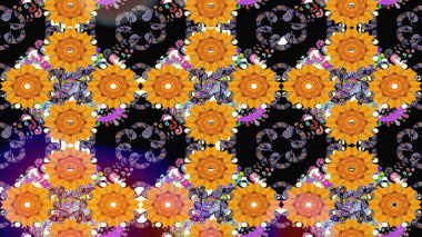 Suluboya elle çizilmiş çiçek desenli eskiz deseni. Parlak renkli fantezi çiçekleri, yapraklar, siyah renkli tomurcuklar.