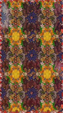 Raster illüstrasyonu. Kahverengi ve turuncu renklerde bahar çiçekleri. Raster deseni. Patlayan çiçekler soyut yerleştirilmiş.