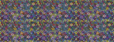 Şatafatlı bahar bahçesi dokusu. Mavi ve yeşil renklerde çiçeksiz. Mavi ve yeşil renkli çiçekler. Raster illüstrasyonu. Çiçek deseni.