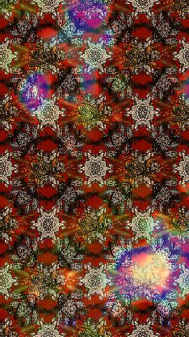 Raster Floral Illustration, Asyalı tekstil. Kahverengi, bej ve kırmızı renkte etnik çiçeklerle süslenmiş zarif bir eskiz şekli..