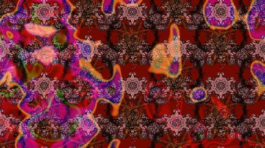 Çok kahverengi ve kırmızı zarif küçük çiçekler ve kahverengi ve kırmızı renkli komik böcekler, raster desen, illüstrasyon.