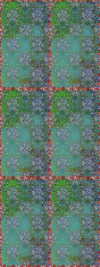 Kumaş desenli papatya çiçeği detayı. Yeşil ve mavi renkte çiçekler.