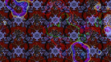 Çiçeksel çizim kalıbının yansıması. Vadinin çiçekleri kahverengi ve kırmızı renklerde.