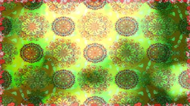 Çiçekli karalama şeklinde Raster çiçek deseni. Nazikçe, güzel çiçek arkaplanı. Yeşil ve kahverengi renkte çiçekler.