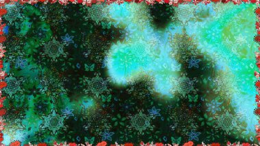 Yeşil ve mavi renklerde parlak çiçekli halı ile kusursuz desen..