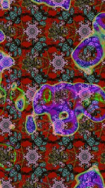 Parmak izi, kumaş, duvar kâğıdı, tekstil için raster dokusu. Renkli grunge, soyut arkaplanı kolonya ve kırmızı çiçeklerle süslüyor. Nakış desenli çiçek deseni..