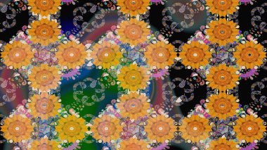 Halk tarzı. Modern çiçek arkaplanı. Moda baskıları için zarif bir şablon. Parlak renkli çiçekleri ve turuncu yaprakları olan harika bir çiçek deseni..