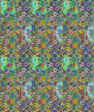 Raster illüstrasyonu. Yeşil ve mavi renklere karalamalar çizen kusursuz çiçek deseni.