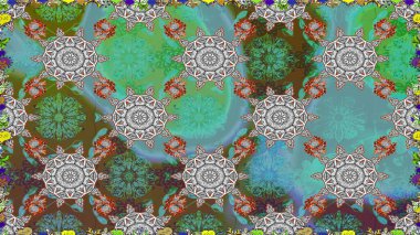 Raster illüstrasyonu. Şablon, pürüzsüz, çiçekli kenar. Çiçek çelengi. Kıvırcık, parlak örgü. Güzel, parlak, pürüzsüz kumaş, tuval. Klasik eski arkaplan.