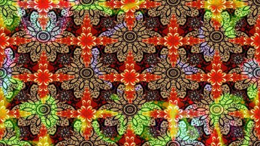 Modern çiçek arkaplanı. Parlak renkli çiçekleri ve siyah ve kırmızı renkte yaprakları olan harika bir çiçek deseni. Moda baskıları için zarif bir şablon. Halk stili.