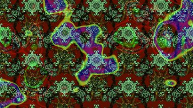 Üzerinde gelincikler ve vadi zambakları olan renkli çiçek desenli nakış deseni. Tekstil tasarımı için geleneksel Raster çiçek buketi yeşil ve kahverengi renkler.