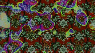 Yeşil ve kırmızı çiçekli eskiz deseni, suluboya çiçek deseni, sevimli çiçek, duvar kağıdı, kart veya kumaş için fayanslı. Raster - stok.