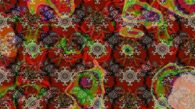 Tekstil, kumaş, ambalaj, hatıra defteri için hoş bir çiçek arkaplanı. Kahverengi ve kırmızı arka planda. Elle çizilmiş çiçek desenli Raster çizimi. Çocuksu tasarım.