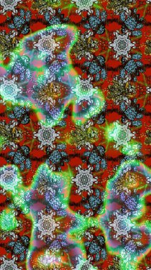 Soyut etnik raster çizim kalıbı. Arkaplan dokusu, duvar kağıdı, çiçek teması yeşil, kahverengi ve kırmızı renkler. Kabile sanatı boho baskısı, klasik çiçek arkaplanı.