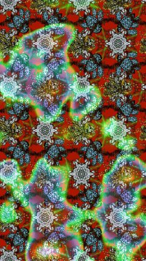 Soyut etnik raster çizim kalıbı. Arkaplan dokusu, duvar kağıdı, çiçek teması yeşil, kahverengi ve kırmızı renkler. Kabile sanatı boho baskısı, klasik çiçek arkaplanı.