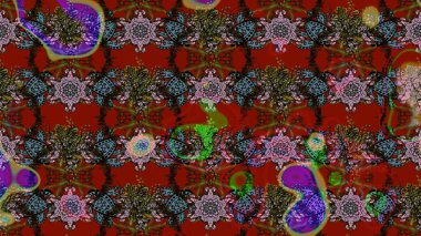 Halk tarzı. Modern çiçek arkaplanı. Parlak renkli çiçekleri olan ve kırmızı ve kahverengi renkte yaprakları olan harika bir çiçek deseni. Moda baskıları için zarif bir şablon.