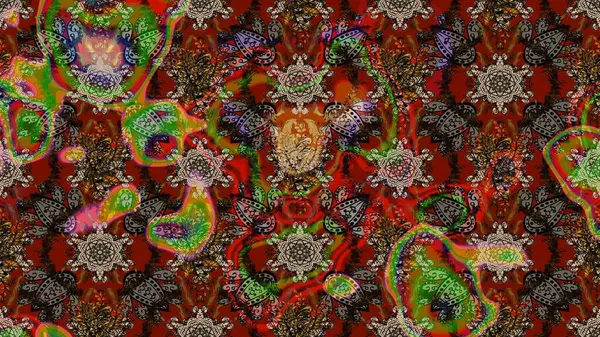 Soyut etnik raster çizim kalıbı. Arkaplan dokusu, duvar kağıdı, kahverengi ve kırmızı renkli çiçek teması. Kabile sanatı boho baskısı, klasik çiçek arkaplanı.