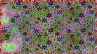 Yeşil ve nötr renklerde. Çiçek buketleriyle klasik tarzda kusursuz desenler. Raster illüstrasyonu.