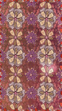 Raster deseni. Karalama çiçekleri kusursuz desen. Sanat ilham verici ve pembe renkli çiçekler ve arkasında izler bırakıyor. Kahverengi ve pembe el çizimi desen.