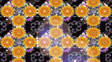 Raster Çiçek İllüstrasyonu güzel tekstil. Sarı renkli etnik çiçeklerle zarif eskiz deseni.