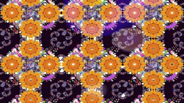 Renkli Bahar Teması eskiz kalıbı. Düz Çiçek Elementleri Tasarımı. Siyah renkli şirin çiçek deseni. Raster Modaya uygun kumaş deseni.