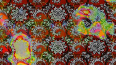 Raster illüstrasyonu. Eskiz geçmişi. Miles Fleur, süslü püslü bir süs. Eski usul. Kumaş, tekstil, duvar kağıdı baskısı için. Tomurcukları papatya çiçekleri olan sevimli bir çiçek deseni..