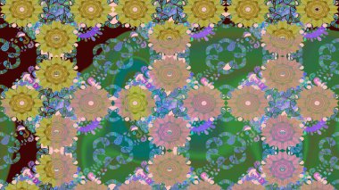 Raster illüstrasyonundaki çiçek desenli çizim. Düz Çiçek Elementleri Tasarımı. Yeşil renkli çiçekler. Renkli Yaz Teması çizim şablonu.