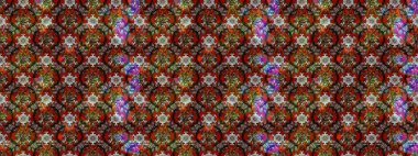 Kumaş, tekstil, duvar kağıdı baskısı için. Eskiz geçmişi. Eski usul. Raster illüstrasyonu. Renkli desenli eskiz deseni, kahverengi, kırmızı ve gri çiçekler ve dekoratif elementler..