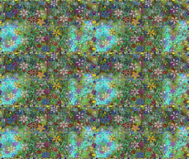 Raster. Düz Çiçek Elementleri Tasarımı. Renkli Bahar Teması Kusursuz Arkaplan.