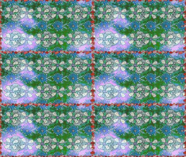 Yeşil ve mavi renkli yeşil ve mavi papatya deseni. Raster illüstrasyonu. Yeşil ve mavi renklerde.