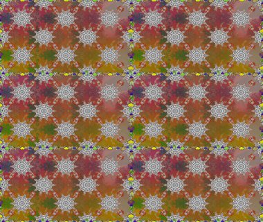 Kusursuz bir geçmişi var. Raster illüstrasyonu. Renkli şal desenli, kahverengi ve gri çiçekli ve dekoratif elementli kusursuz desen. Eski usul. Kumaş, tekstil ve duvar kağıdı baskısı için..