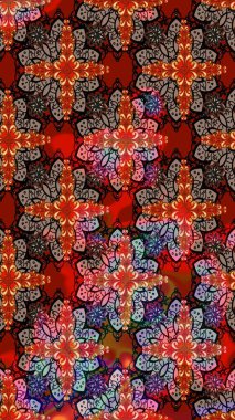 Kumaş desenli papatya çiçeği detayı. Kırmızı ve kahverengi renkte çiçekler.