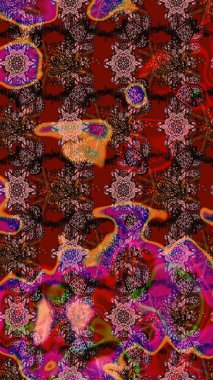 Çok kahverengi ve kırmızı zarif küçük çiçekler ve kahverengi ve kırmızı renkli komik böcekler, raster desen, illüstrasyon.