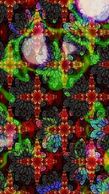 Raster illüstrasyonu. 3D çiçekler, eskiz. Siyah ve yeşil renklerde.