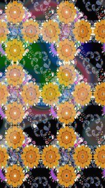 Raster illüstrasyonu. Suluboya çiçekli çiçek deseni. Sarı renkli Asya tekstili.