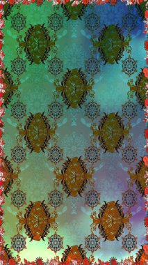 Çiçekli, pürüzsüz bir desen. Raster illüstrasyonu. Raster çiçekleri klasik tarzda çizilmiş. Yeşil ve mavi renklerde bahar çiçekleri..