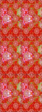 Kırmızı ve turuncu renkli çiçekler. Kumaş desenli papatya çiçekleri ayrıntıları.