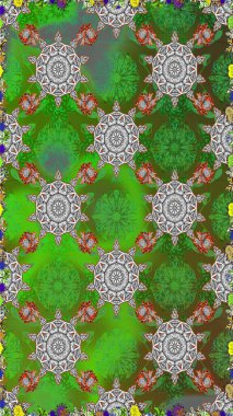 Çiçekli, suluboya desenli kusursuz çiçek deseni. Yeşil ve gri renkte çiçekler. Renkli Bahar Temalı, dikdörtgen desenli arka plan. Düz Çiçek Elementleri Tasarım Raster illüstrasyonu.