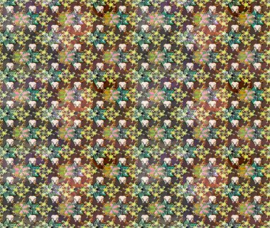 Raster illüstrasyonu. Şirin çiçekli eskiz deseni ve kahverengi renkli yapraklar, suluboya çiçek deseni, duvar kağıdı, kart veya kumaş için fayanslı.