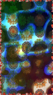 Tekstil tasarımı için mavi ve kahverengi renkli geleneksel halk çiçekleri. Çiçeksiz desenli nakış işlemeli gelincikler ve vadi zambaklarıyla.