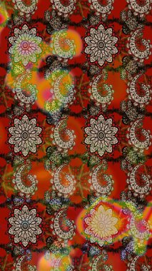 Asya tekstil tarzında. Düz Çiçek Elementleri Tasarımı. Çiçek desenli çizim. Kahverengi ve bej renkli çiçekler. Raster illüstrasyonu. Renkli Bahar Teması çizim şablonu.