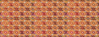 Kusursuz kraliyet lüksü, altın barok kumaş rengi. Altın antika ortaçağ dekoratifi, yapraklar ve turuncu renklerde altın desenli süslemeleri olan dikişsiz bir şablon..