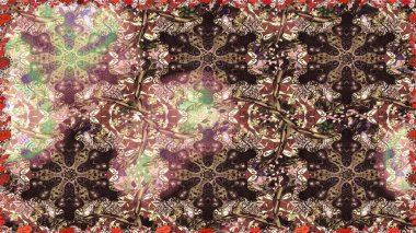 Damask arkaplanı. Altın çiçekli, pürüzsüz desen. Barok tarzında altın çiçekli süs. Kahverengi renklerdeki altın element.